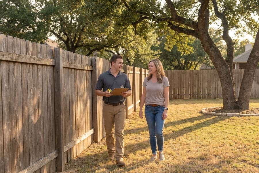 Summit Fence estimator walking a backyard fence line with a homeowner